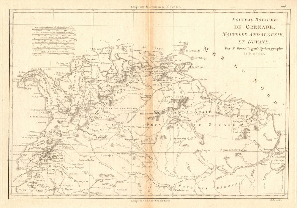 Nouveau Royaume de Grenade, Nouvelle Andalousie et Guyane. BONNE 1788 old map