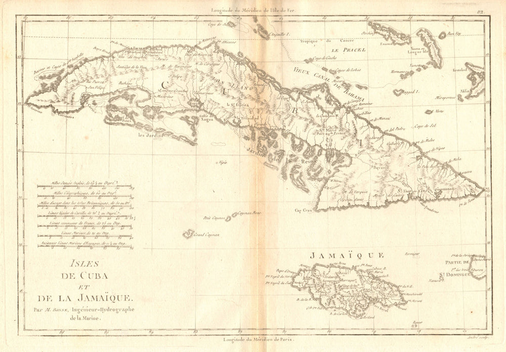 Isles de Cuba et de la Jamaïque. The islands of Cuba and Jamaica. BONNE 1788 map