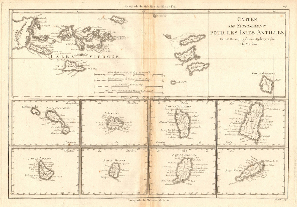 Cartes de supplément pour les Isles Antilles. West Indies Islands BONNE 1788 map