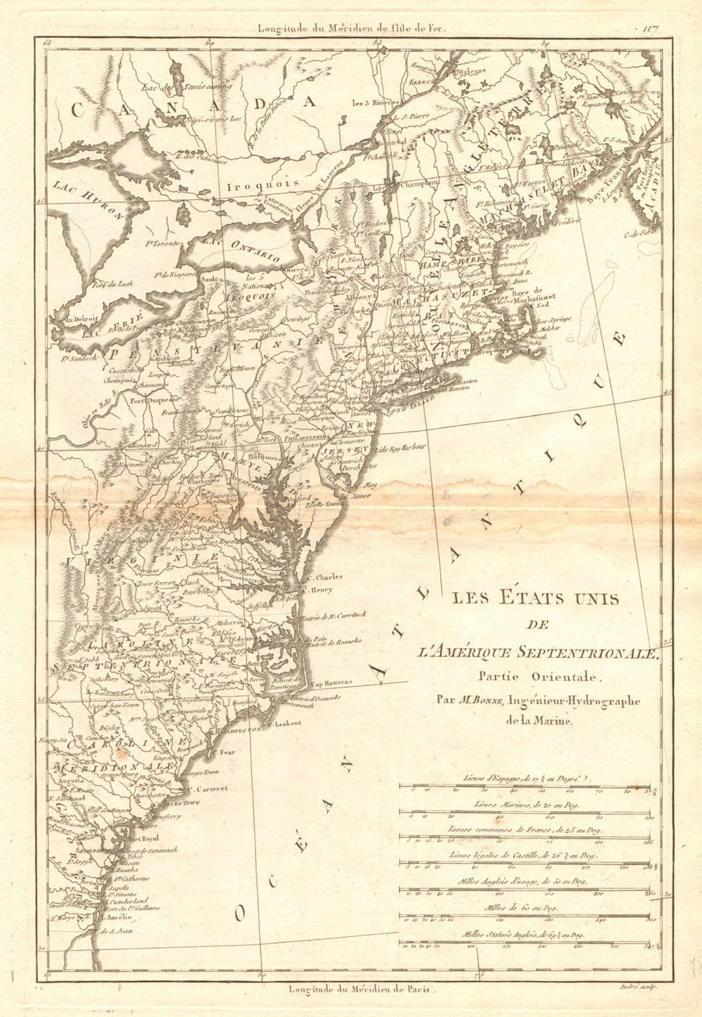 Les Etats Unis de l'Amérique Septentrionale, partie Orientale. BONNE 1788 map