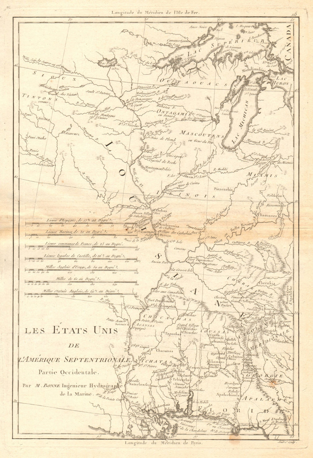 Les Etats Unis de I'Amérique Septentrionale, partie Occidentale. BONNE 1788 map