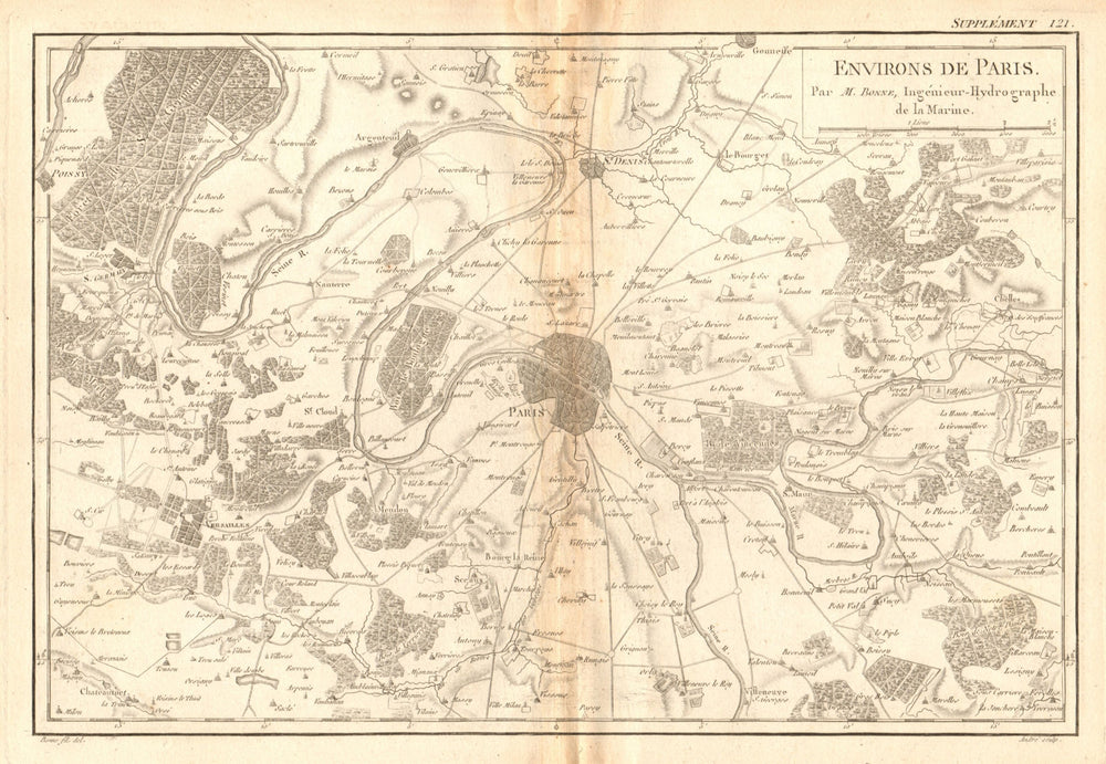 Environs de Paris. Paris and environs. BONNE 1788 old antique map plan chart
