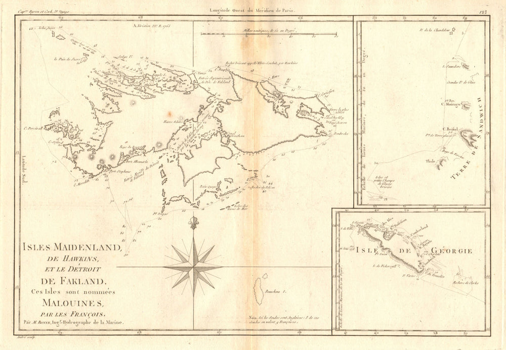 Isles Maidenland & Hawkins. Falkland Islands & South Georgia. BONNE 1788 map