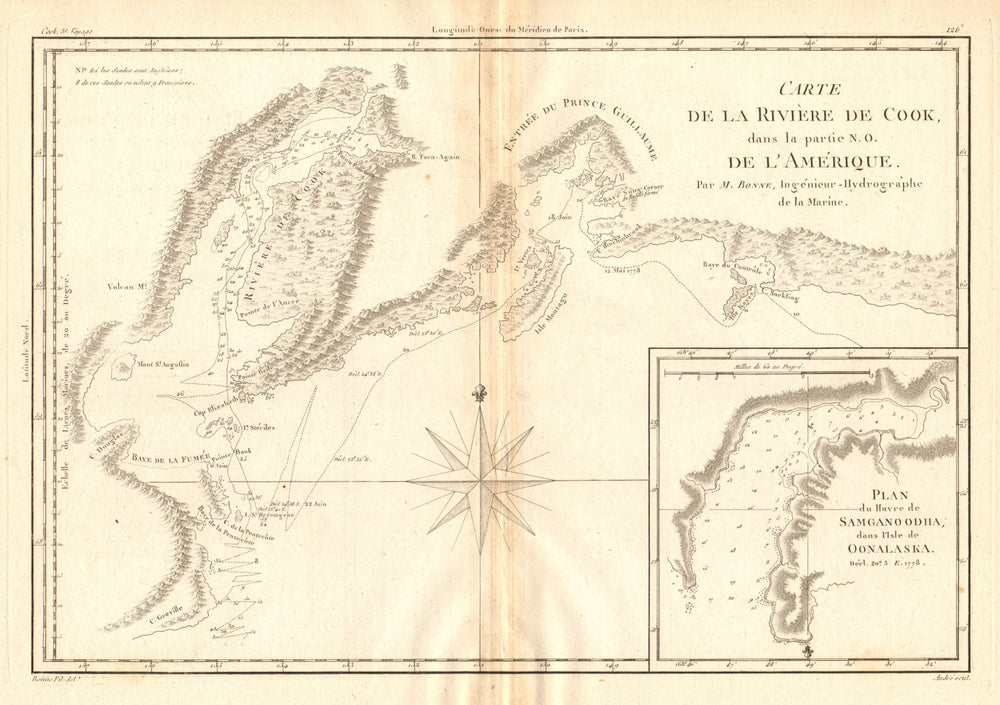 Carte de la rivière de Cook. Cook Inlet & Alaska coast. Unalaska. BONNE 1788 map
