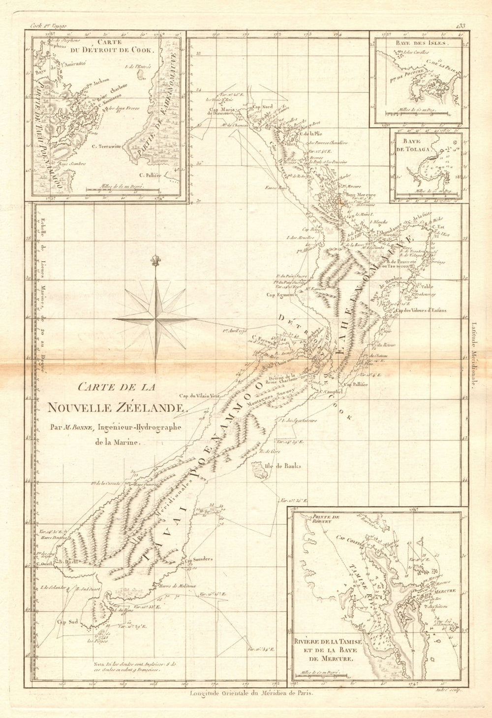 Carte de la Nouvelle Zéelande. New Zealand. Cook Strait. Thames. BONNE 1788 map