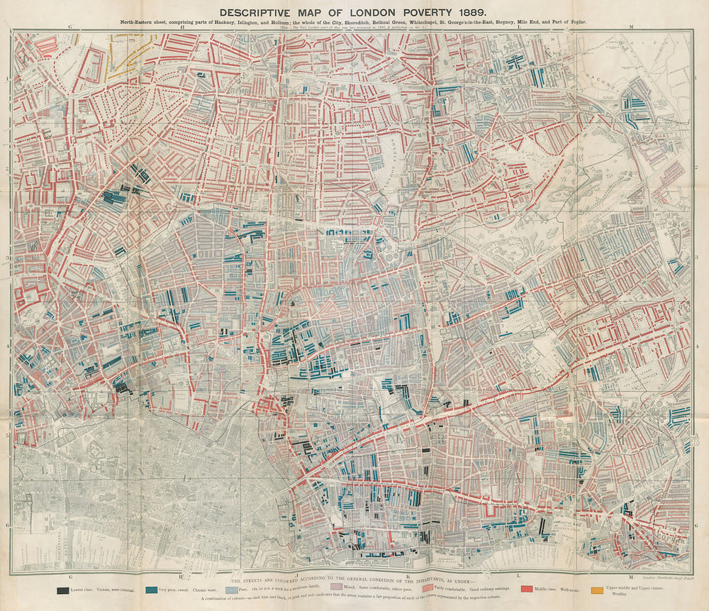 Descriptive map of London Poverty. BOOTH. NE - East End Hackney Islington 1889