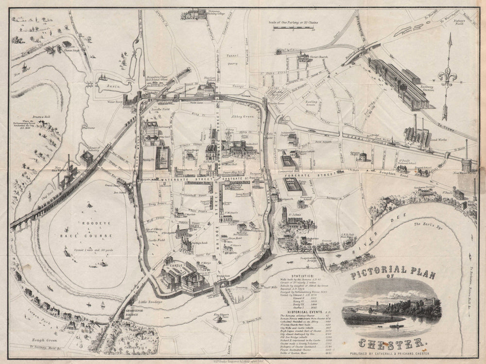 'Pictorial Plan of Chester'. Town city plan by CATHERALL & PRICHARD c1870 map