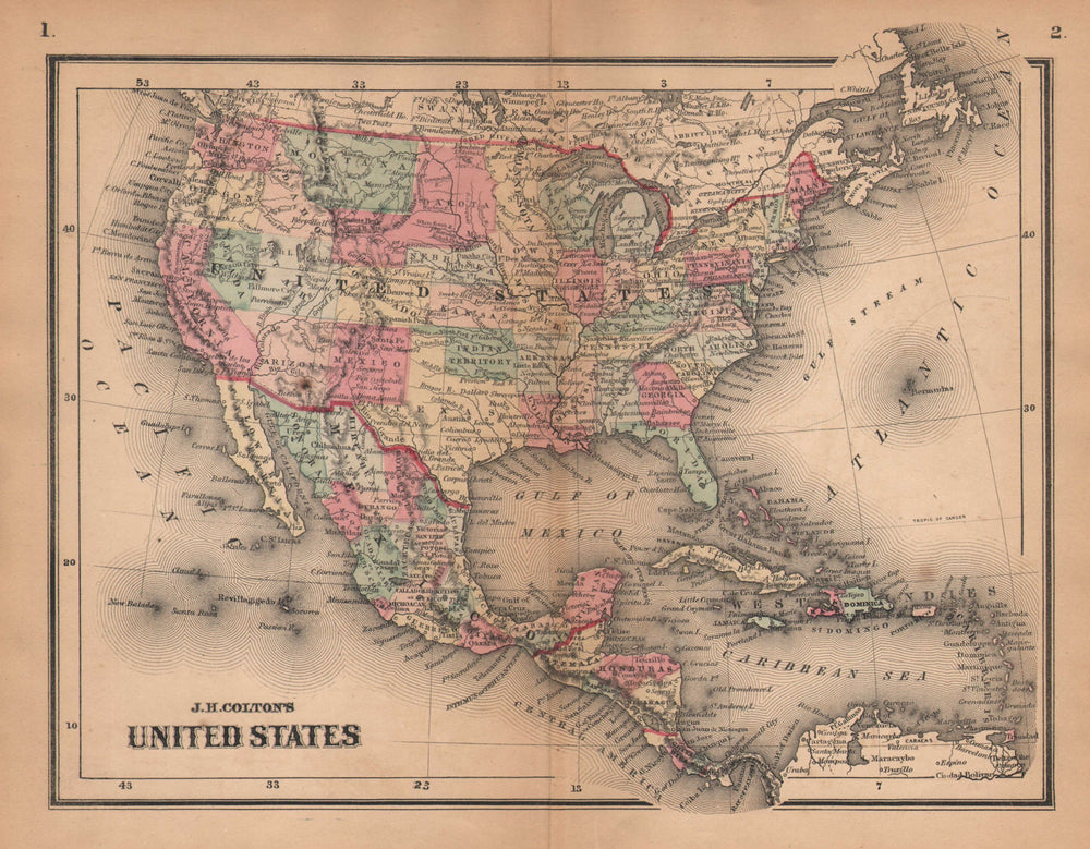 J. H. Colton's United States. Wyoming attached to Dakota 1864 old antique map