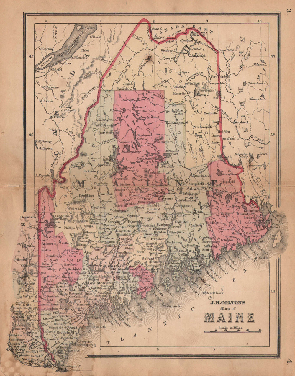 J. H. Colton's map of Maine 1864 old antique vintage plan chart