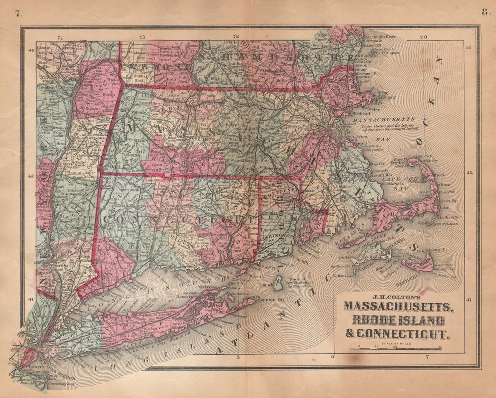 J. H. Colton's Massachusetts, Rhode Island and Connecticut 1864 old map