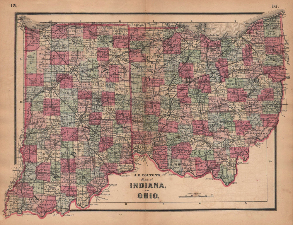 J. H. Colton's map of Indiana and Ohio 1864 old antique vintage plan chart