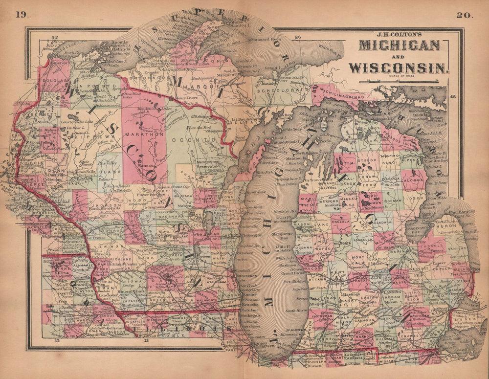 J. H. Colton's Michigan and Wisconsin 1864 old antique vintage map plan chart