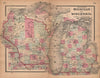 J. H. Colton's Michigan and Wisconsin 1864 old antique vintage map plan chart