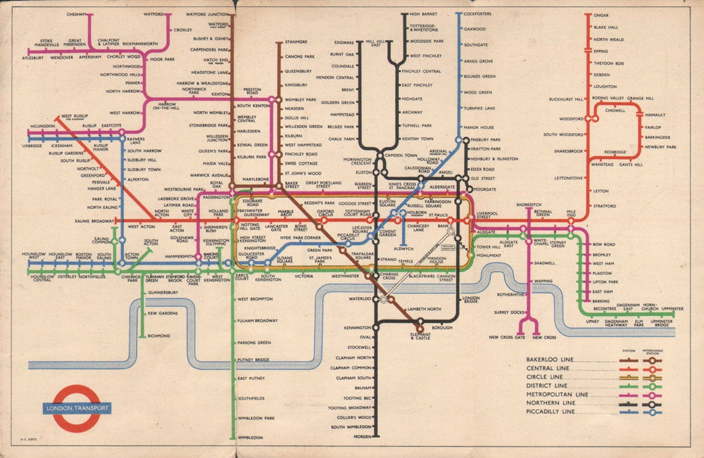 LONDON UNDERGROUND tube map plan diagram of lines. South Acton. HARRY BECK 1954