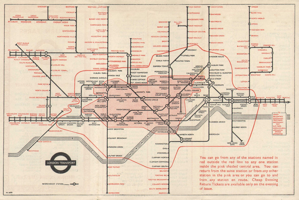 LONDON UNDERGROUND tube map. Cheap Evening Return Fares to town. HARRY BECK 1953