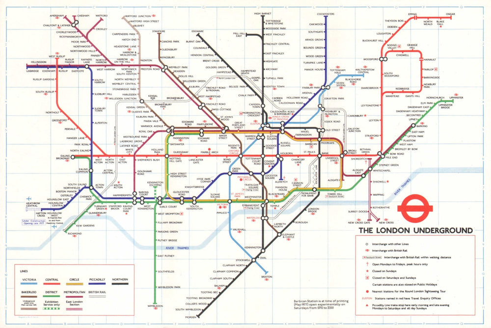 LONDON UNDERGROUND tube map. Under construction to Heathrow. GARBUTT #1 May 1977