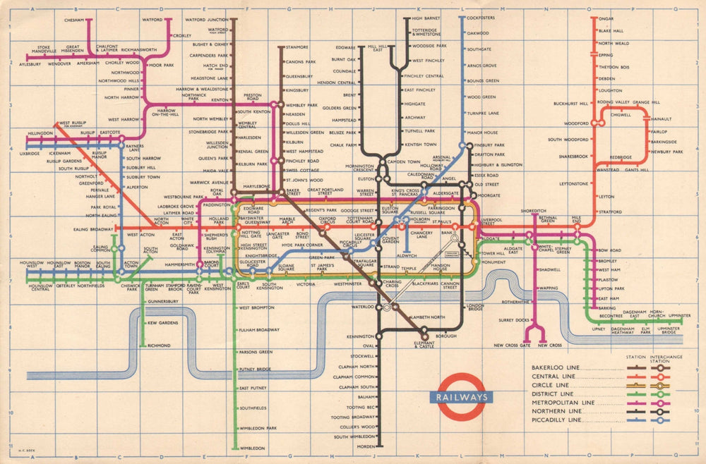 LONDON UNDERGROUND tube map plan. South Acton. Aylesbury. Ongar. HARRY BECK 1956