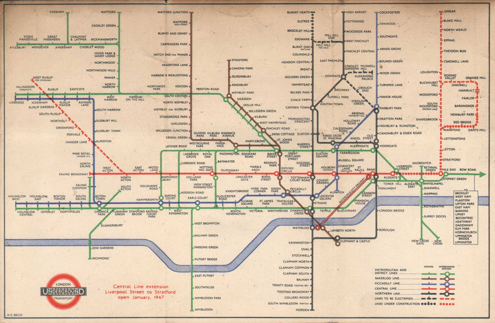 LONDON UNDERGROUND tube map diagram. Ongar Central Line extension. BECK #1 1946