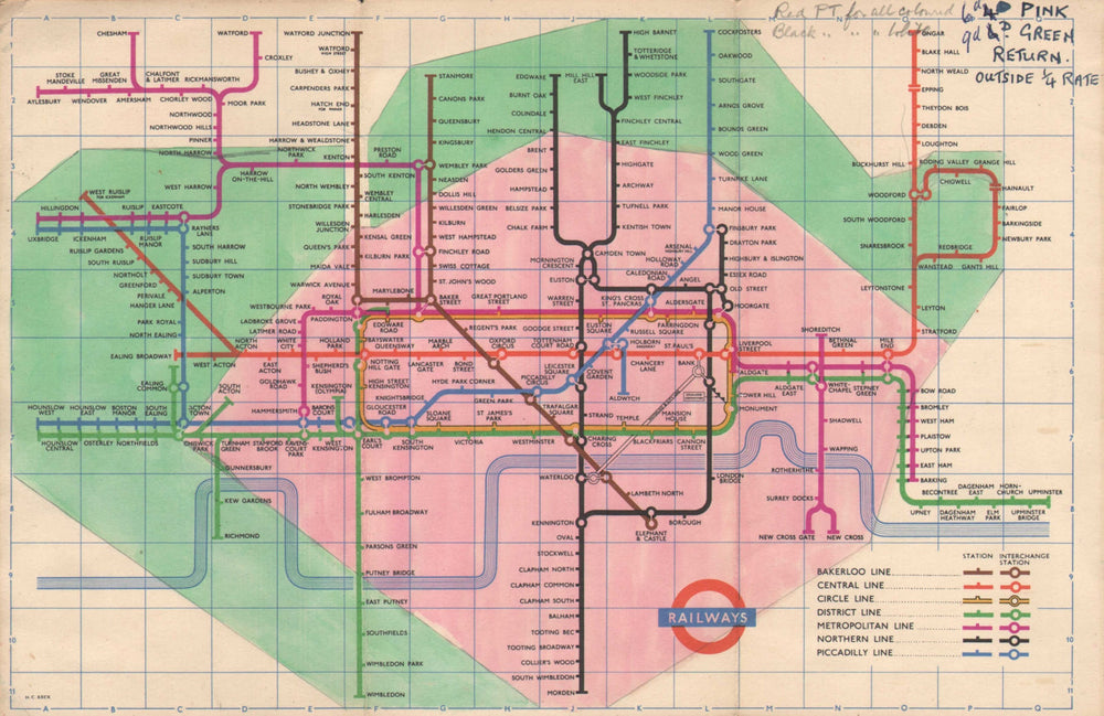LONDON UNDERGROUND tube map plan manually overpainted fare zones HARRY BECK 1955