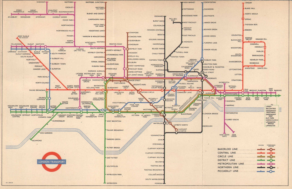 LONDON UNDERGROUND tube map diagram of lines South Acton HARRY BECK January 1953