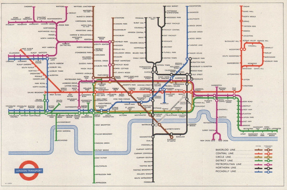 LONDON UNDERGROUND tube map plan. Paper edition. No gridlines. HARRY BECK 1956