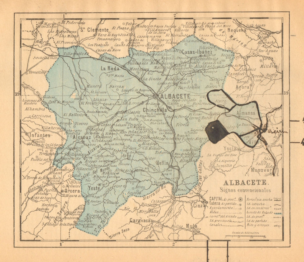 ALBACETE. Castilla-La Mancha. Mapa antiguo de la provincia 1914 old