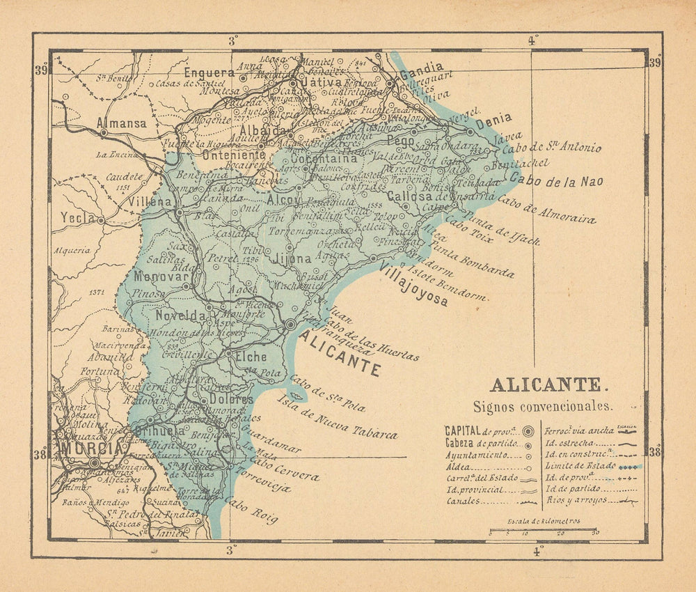 ALICANTE. Alacant. Comunitat/Comunidad Valenciana. Mapa antiguo provincia 1914