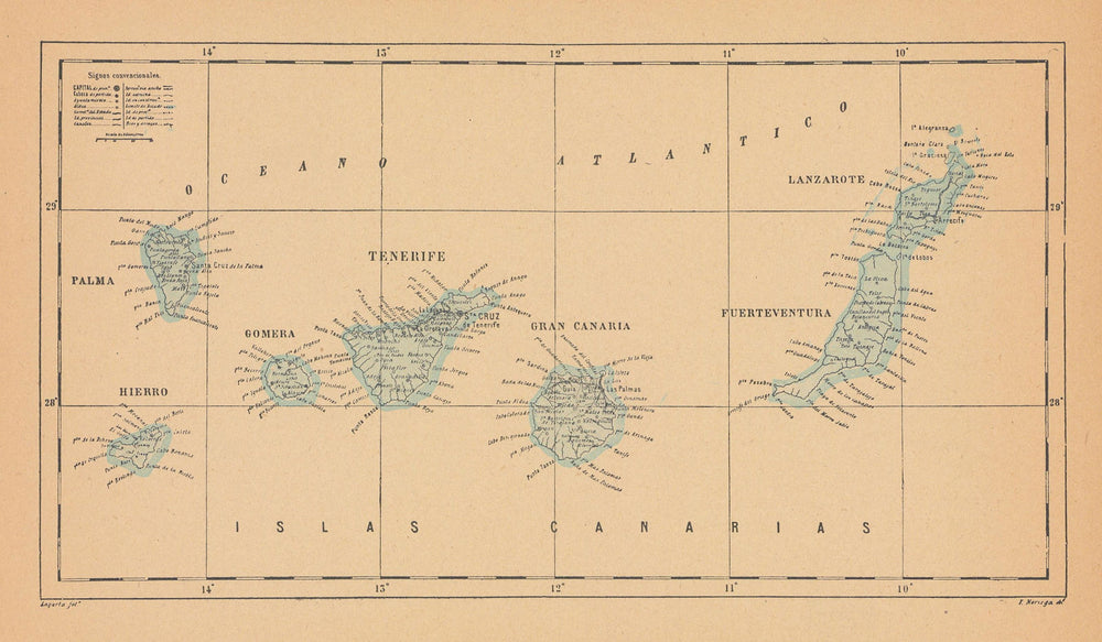 ISLAS CANARIAS. Tenerife Palma Gran Canaria Fuerteventura Lanzarote 1914 map