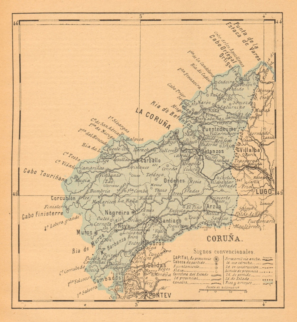 LA CORUÑA. A Coruña, La Coruna. Galicia. Mapa antiguo de la provincia 1914