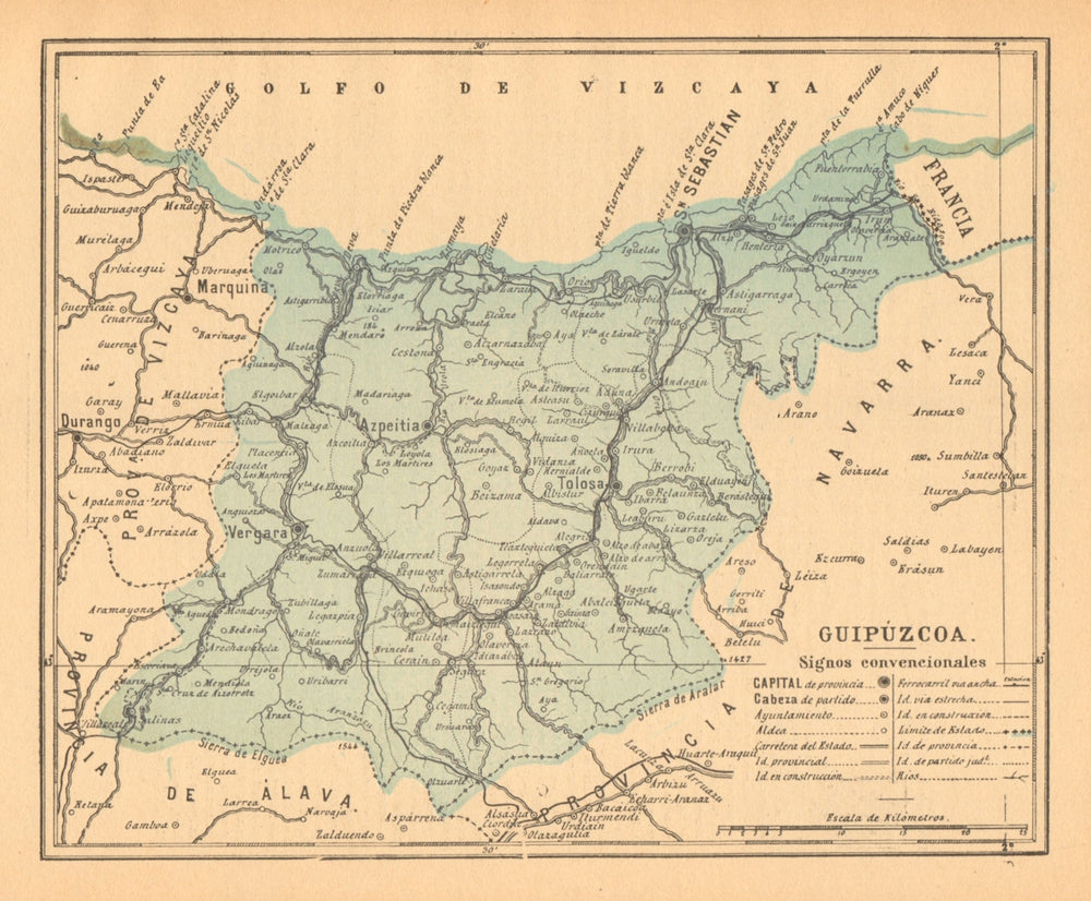 GIPUZKOA GUIPÚZCOA San Sebastián Donostia Euskadi. Mapa antiguo provincia 1914