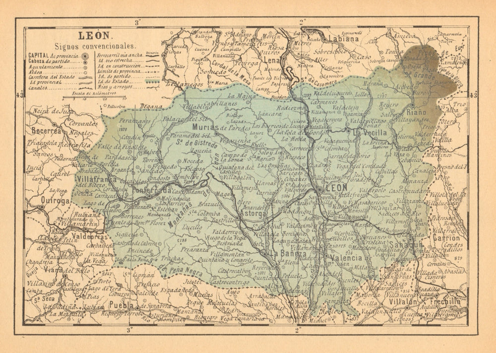 LEÓN. Leon. Castilla y León. Mapa antiguo de la provincia 1914 old antique