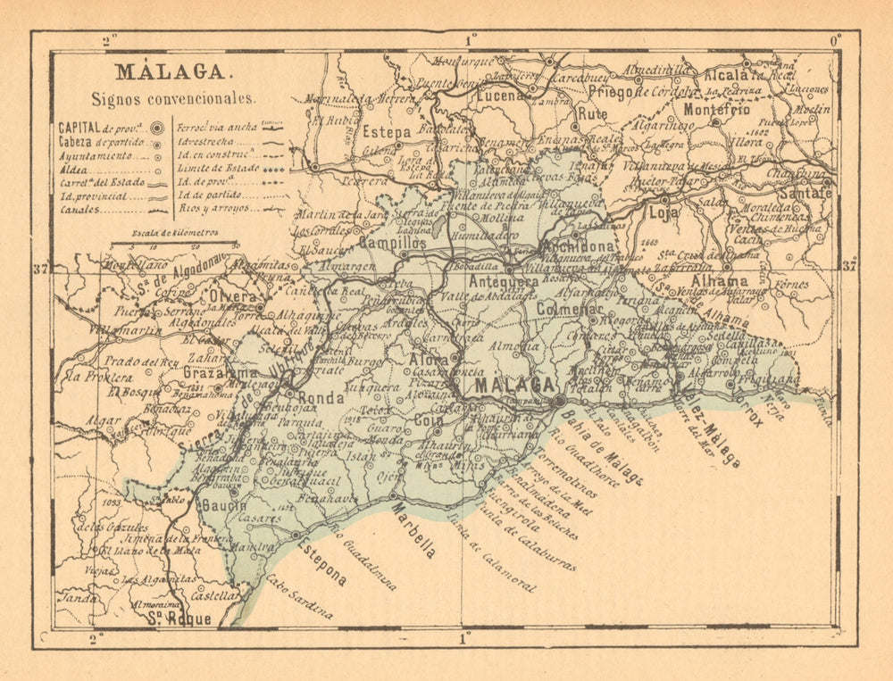 MÁLAGA. Malaga. Andalucia. Mapa antiguo de la provincia 1914 old antique