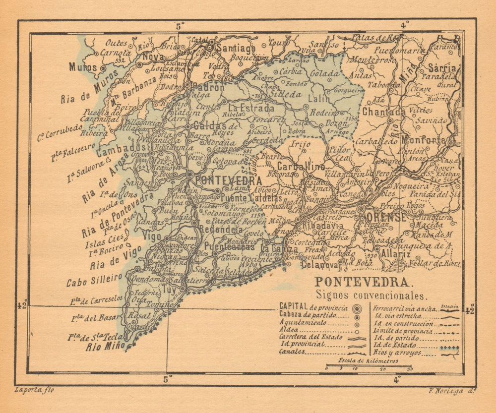 PONTEVEDRA. Galicia. Mapa antiguo de la provincia 1914 old antique chart