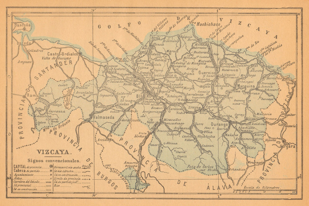 BISCAY BIZKAIA VIZCAYA. Bilbao Bilbo. Euskadi. Mapa antiguo de la provincia 1914