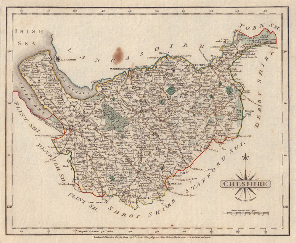 Antique county map of CHESHIRE by JOHN CARY. Original outline colour 1787
