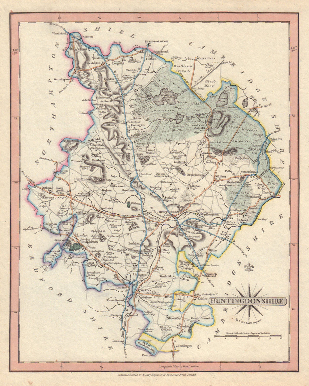 Antique county map of HUNTINGDONSHIRE by JOHN CARY. Fens Moors Yaxley c1793