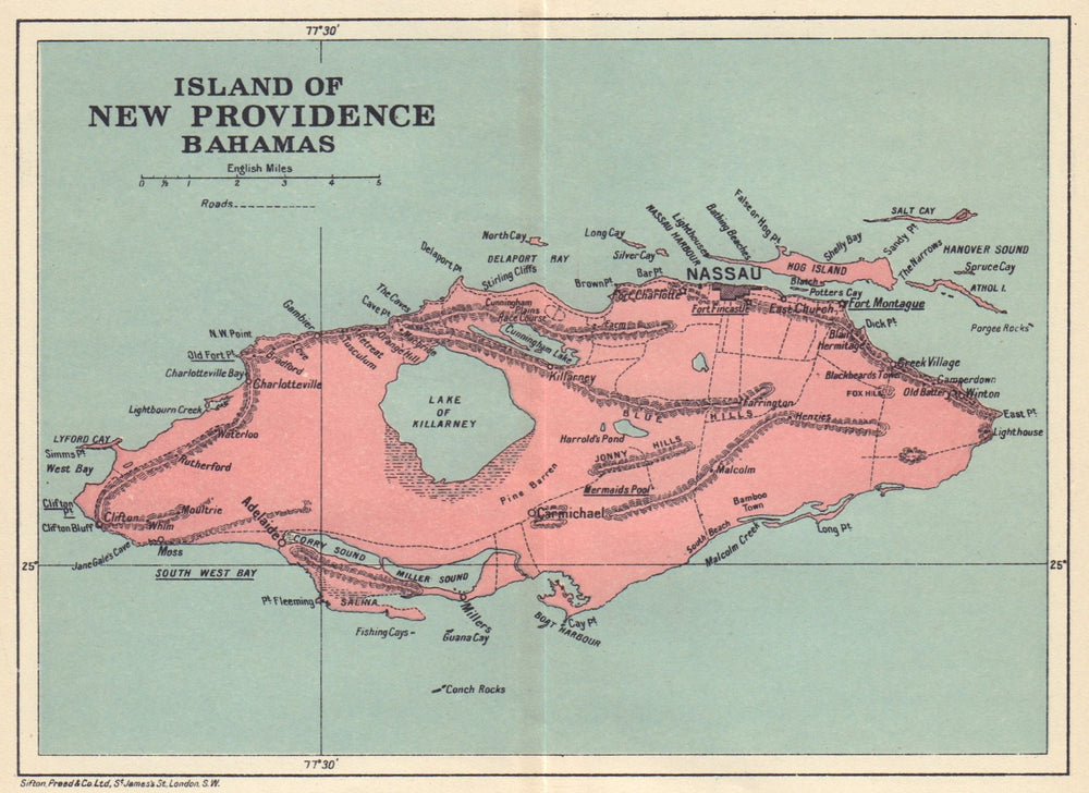 NEW PROVIDENCE. Vintage map. Bahamas. Caribbean 1923 old antique chart