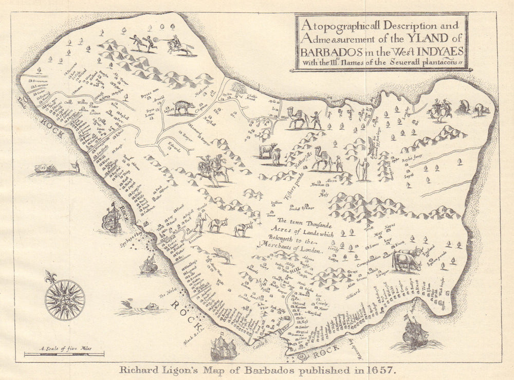 "YLAND OF BARBADOS". Plantations. After Ligon 1657. West Indies 1923 old map