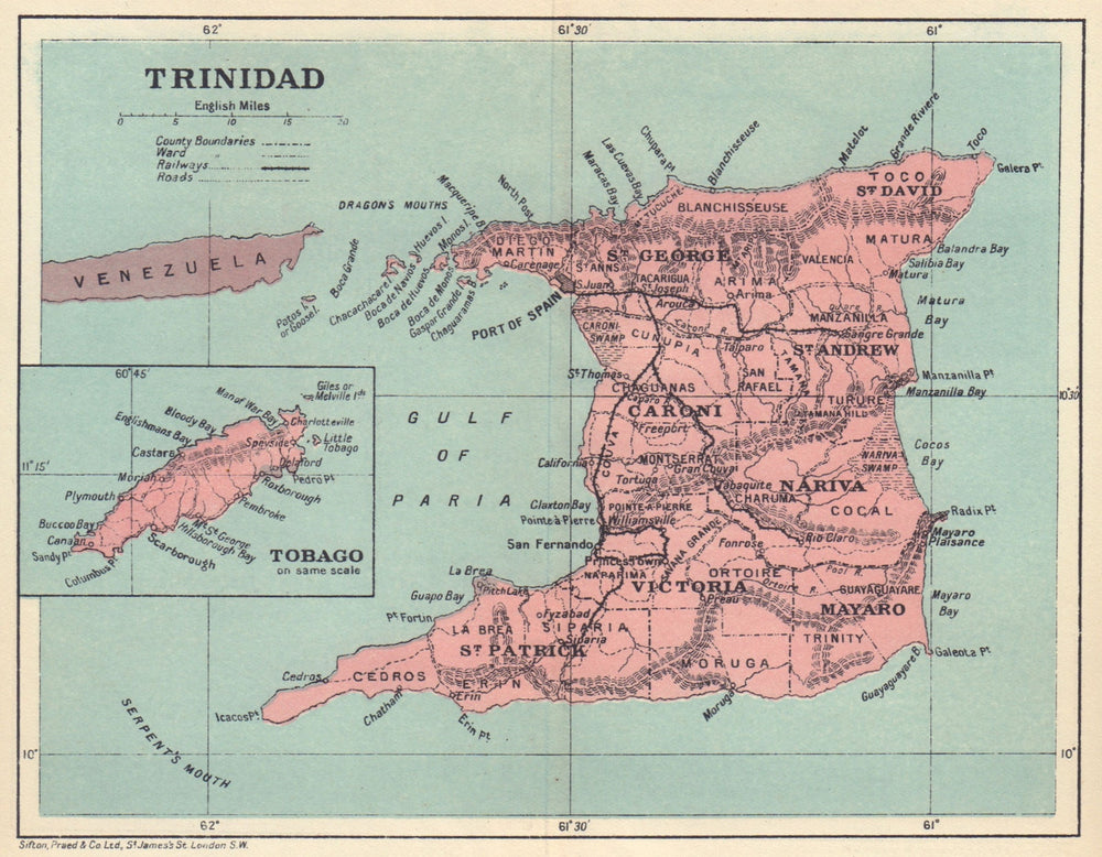 TRINIDAD. Vintage map. West Indies. Caribbean 1923 old antique plan chart