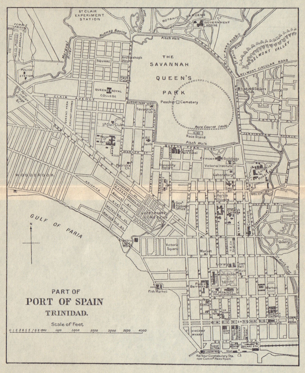 PORT OF SPAIN. Vintage map. Trinidad. West Indies. Caribbean 1923 old