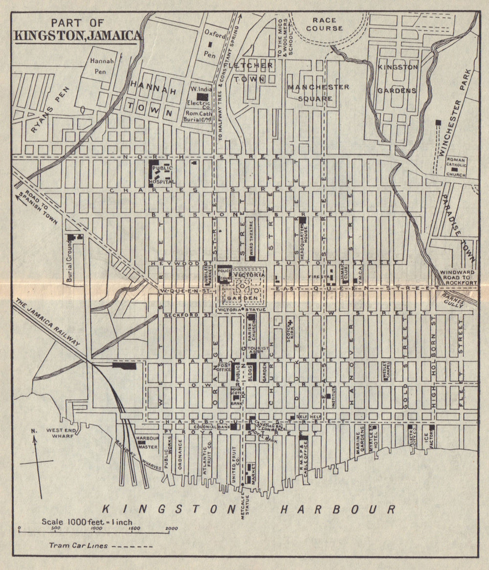 KINGSTON JAMAICA. Vintage town plan. West Indies. Caribbean 1923 old map