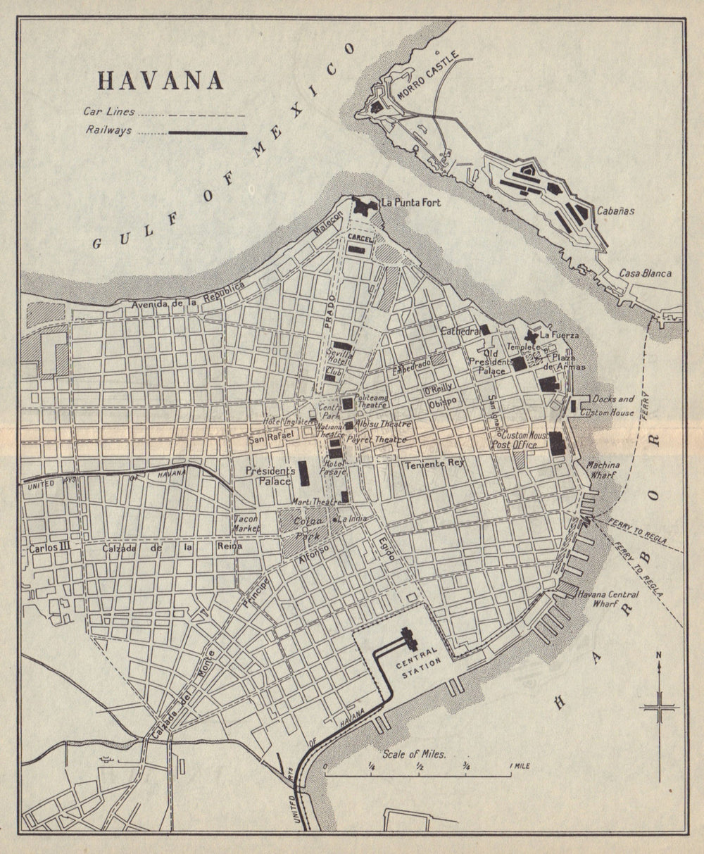 HAVANA. Vintage town plan. Railways & streetcar lines. Cuba. Caribbean 1923 map