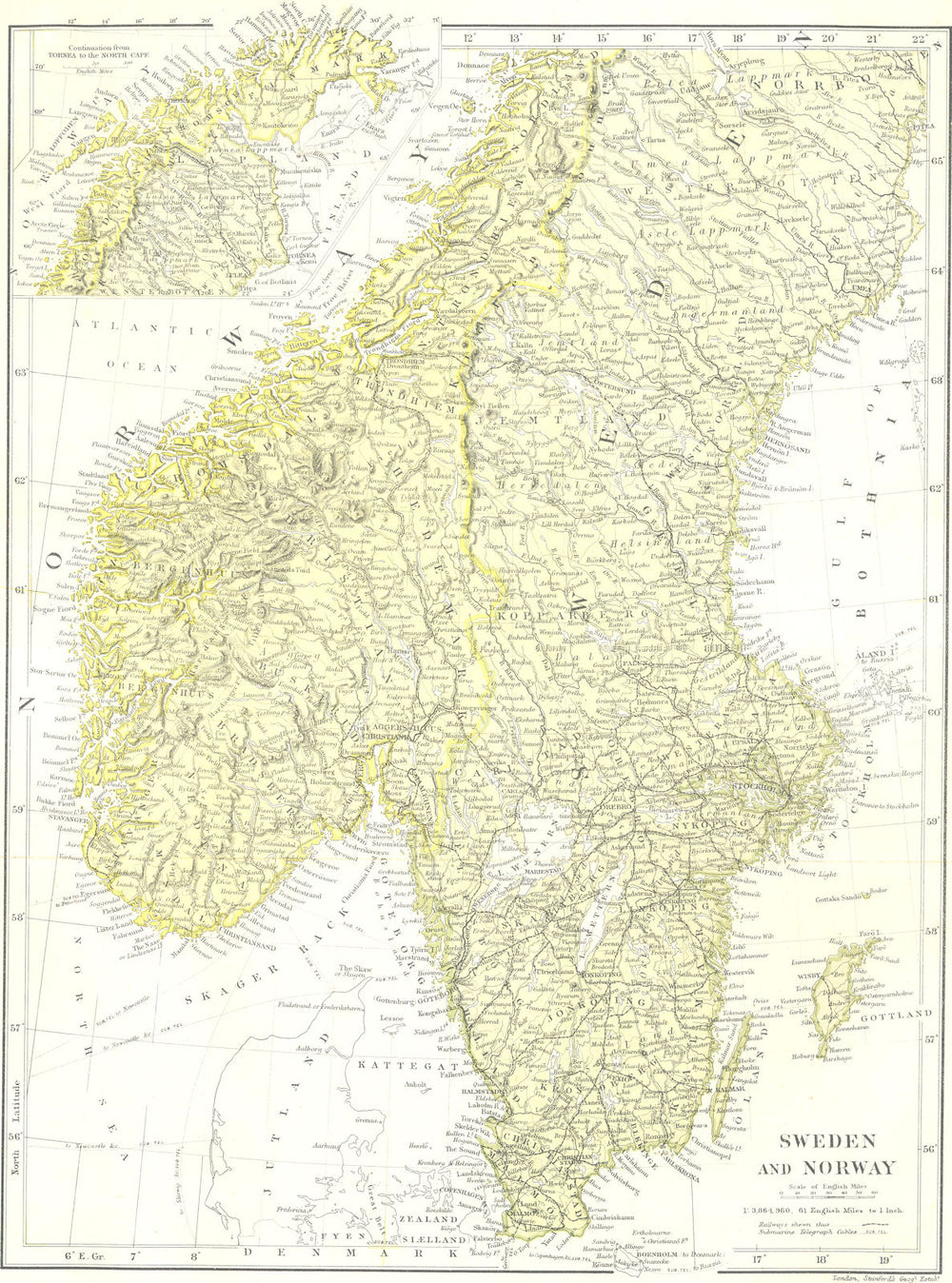 SCANDINAVIA. Norway & Sweden. STANFORD 1890 old antique vintage map plan chart