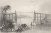 The Menai Bridge, Bangor, North Wales. BARTLETT 1842 old antique print picture