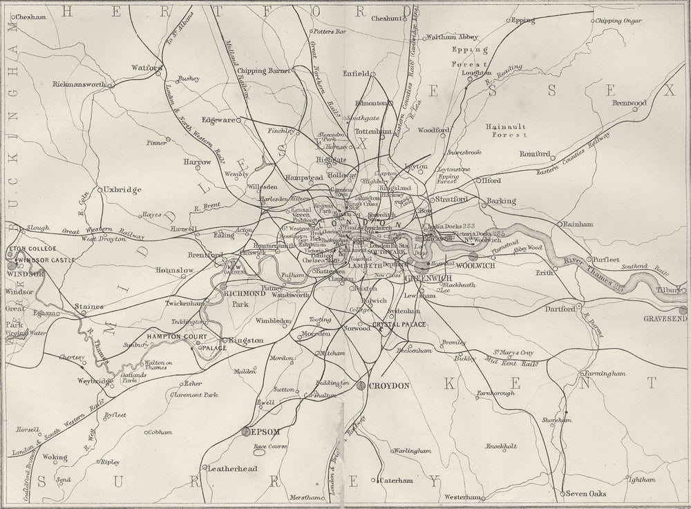 LONDON. Sketch map of Environs 1874 old antique vintage plan chart