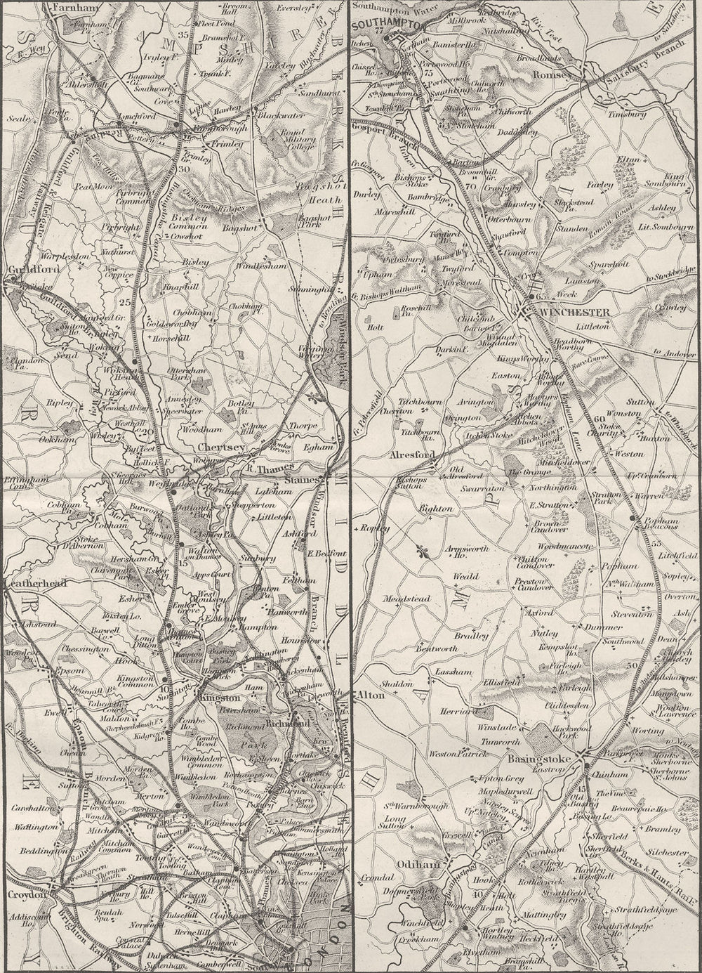 HANTS. South-West Railway-London to Southampton 1874 old antique map chart