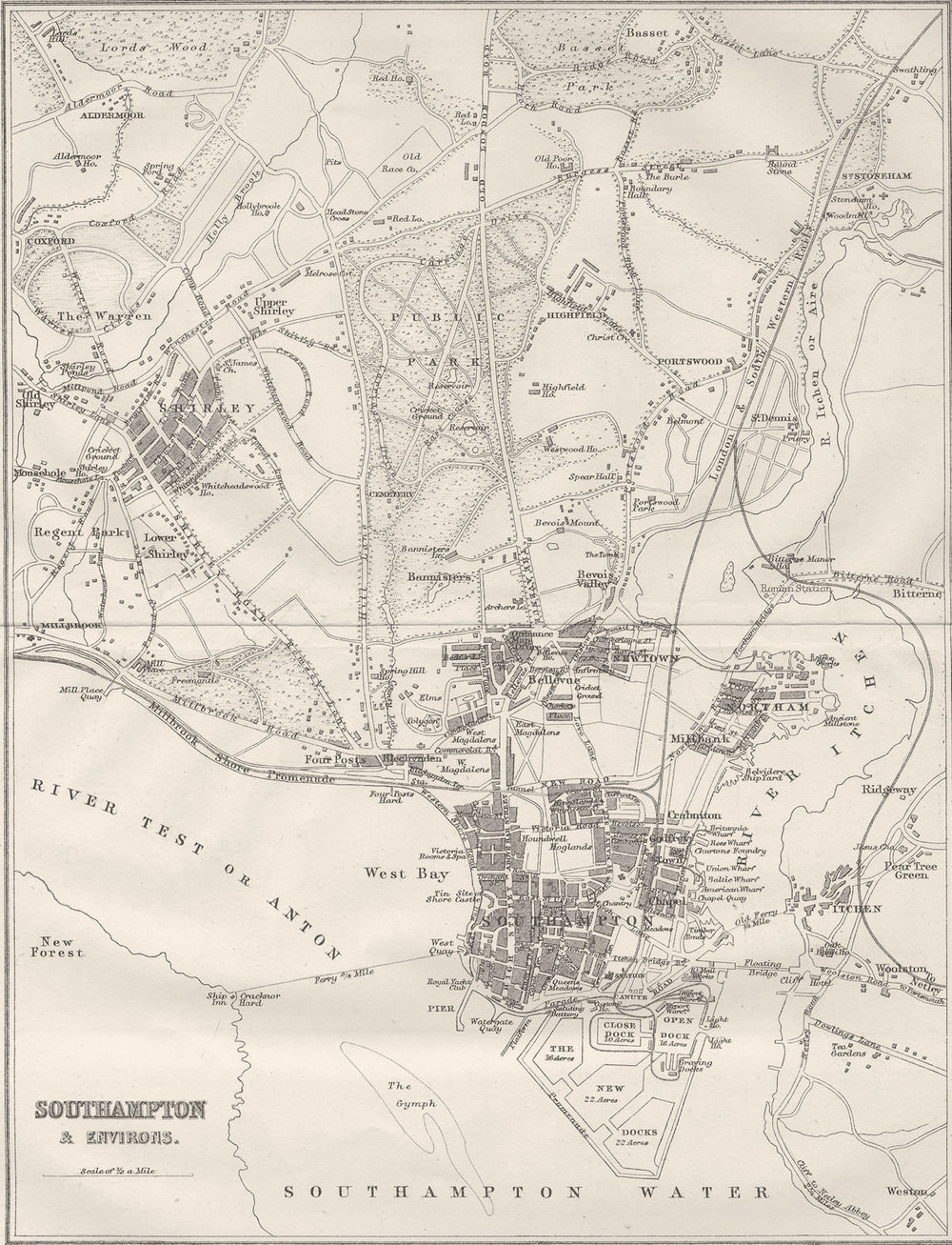 HANTS. Southampton & Environs 1874 old antique vintage map plan chart