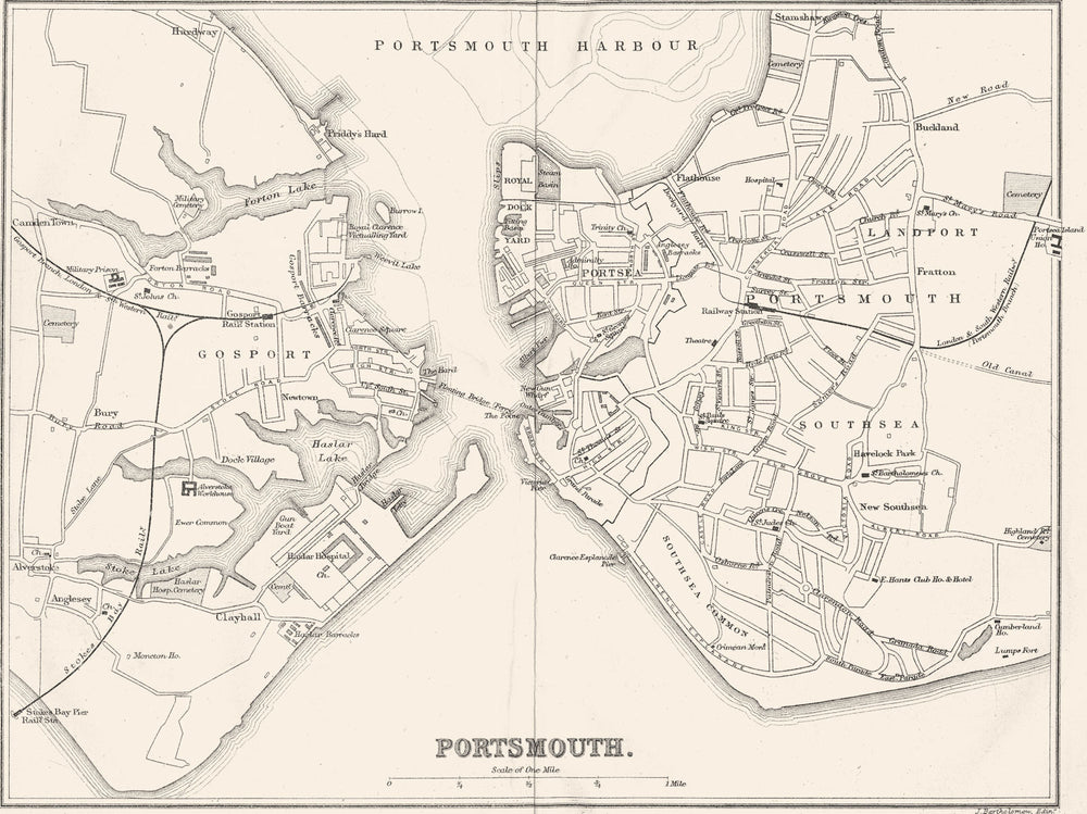 HANTS. Portsmouth town plan 1874 old antique vintage map chart