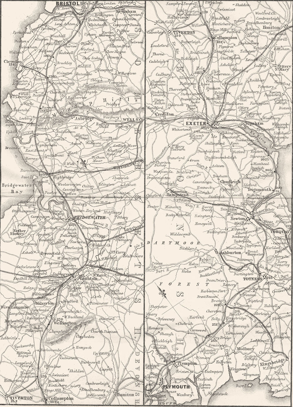 DEVON. Great Western map. Bristol, Exeter, Plymouth 1874 old antique chart