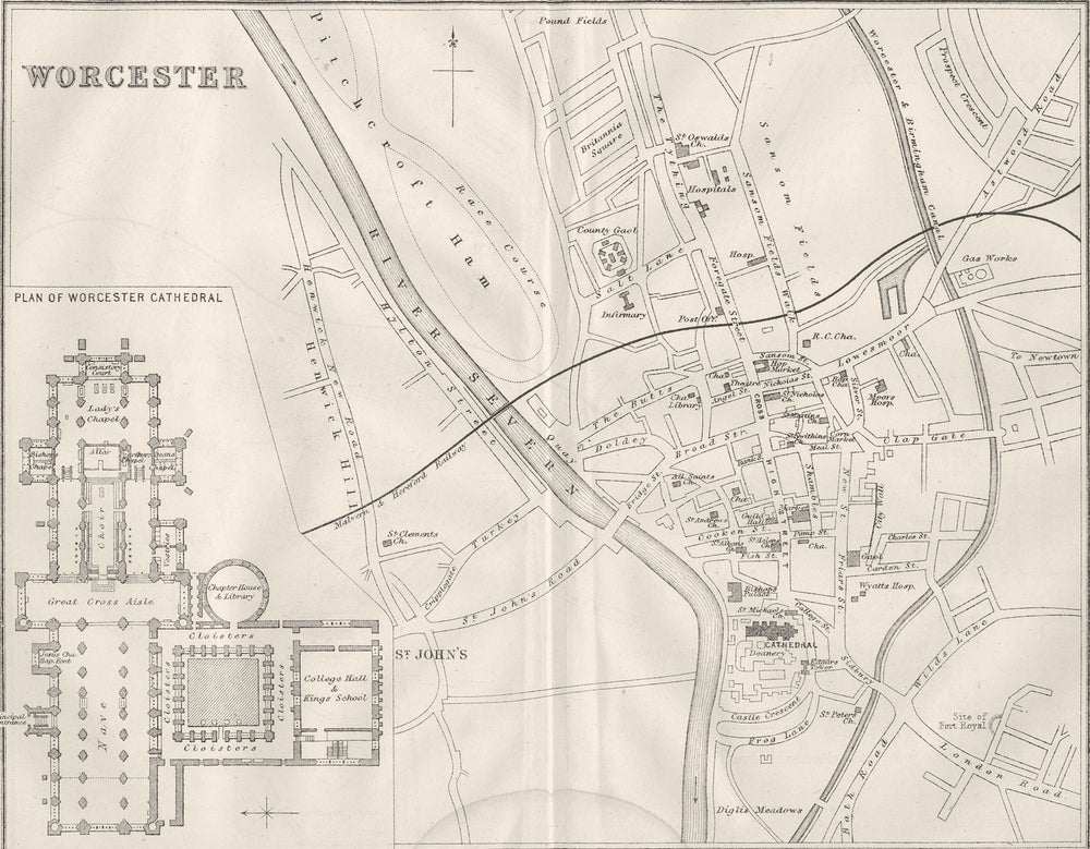WORCS. Worcester town plan 1874 old antique vintage map chart